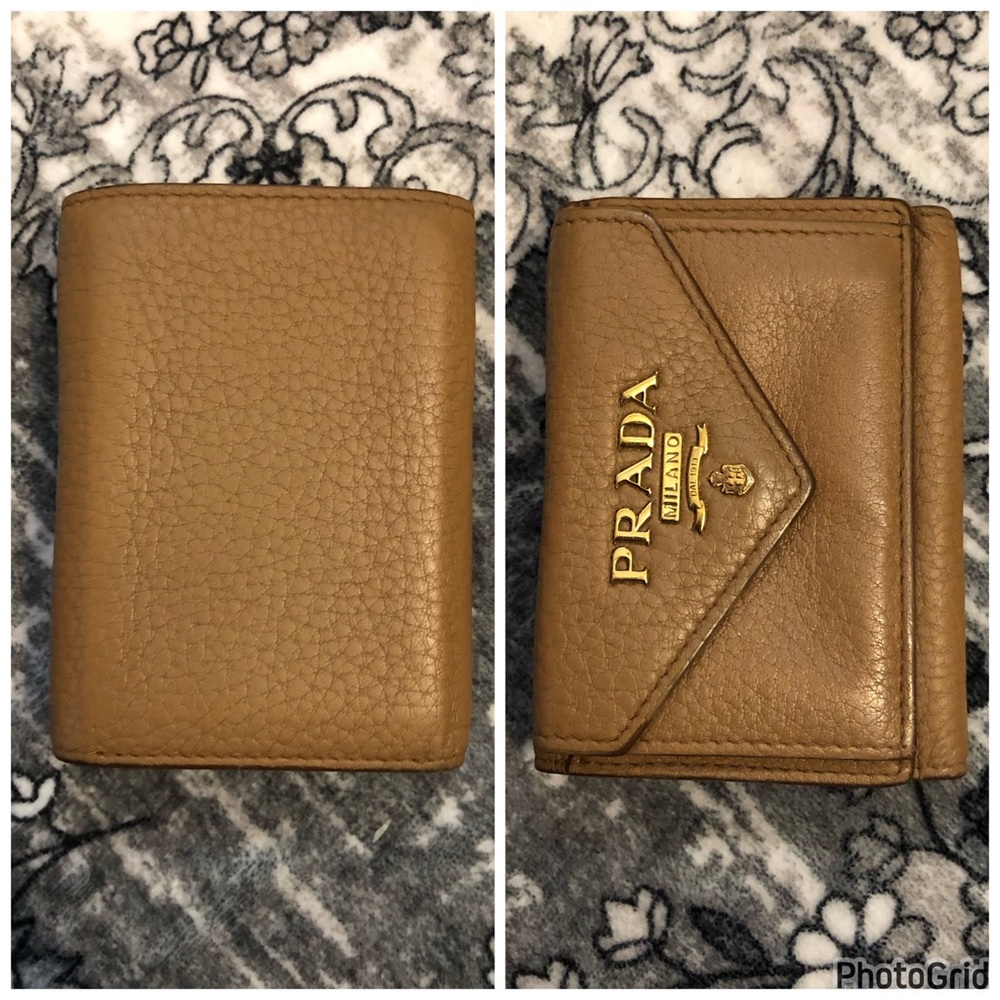 Prada AUTHENTIC Tan Leather Orange Interior Trifold Gold Logo Compact Wallet - Picture 5 of 16